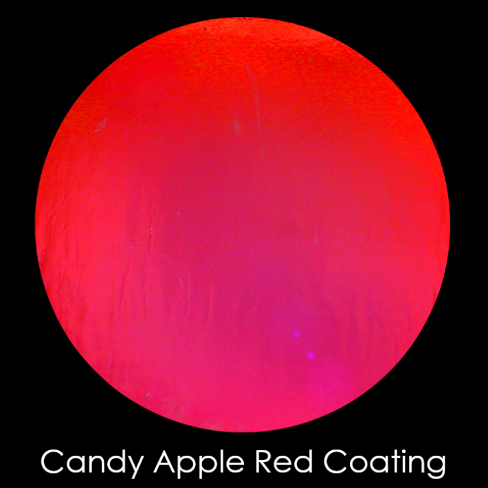 CBS Dichroic Coating Candy Apple Red Target Rainbow Voltage Pattern on Wissmach Thin Clear Florentine Textured Glass COE96