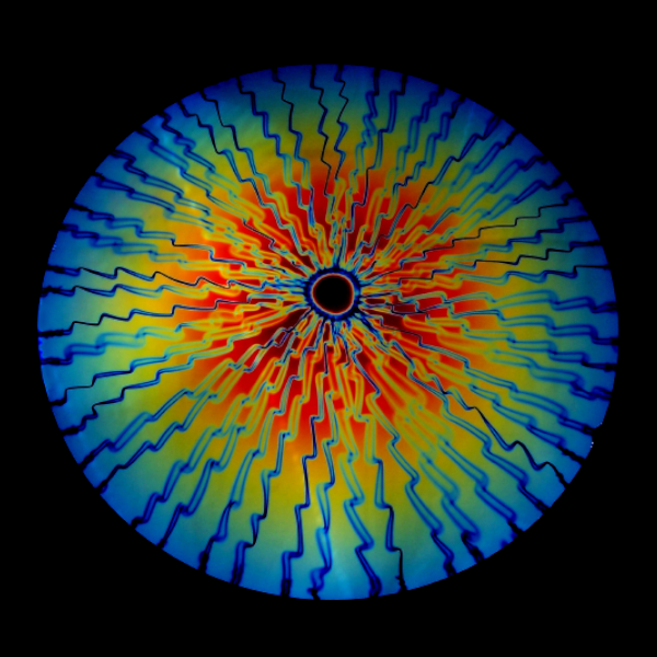 CBS Dichroic Coating Candy Apple Red Target Rainbow Voltage Pattern on Wissmach Thin Black Moss Textured Glass COE90