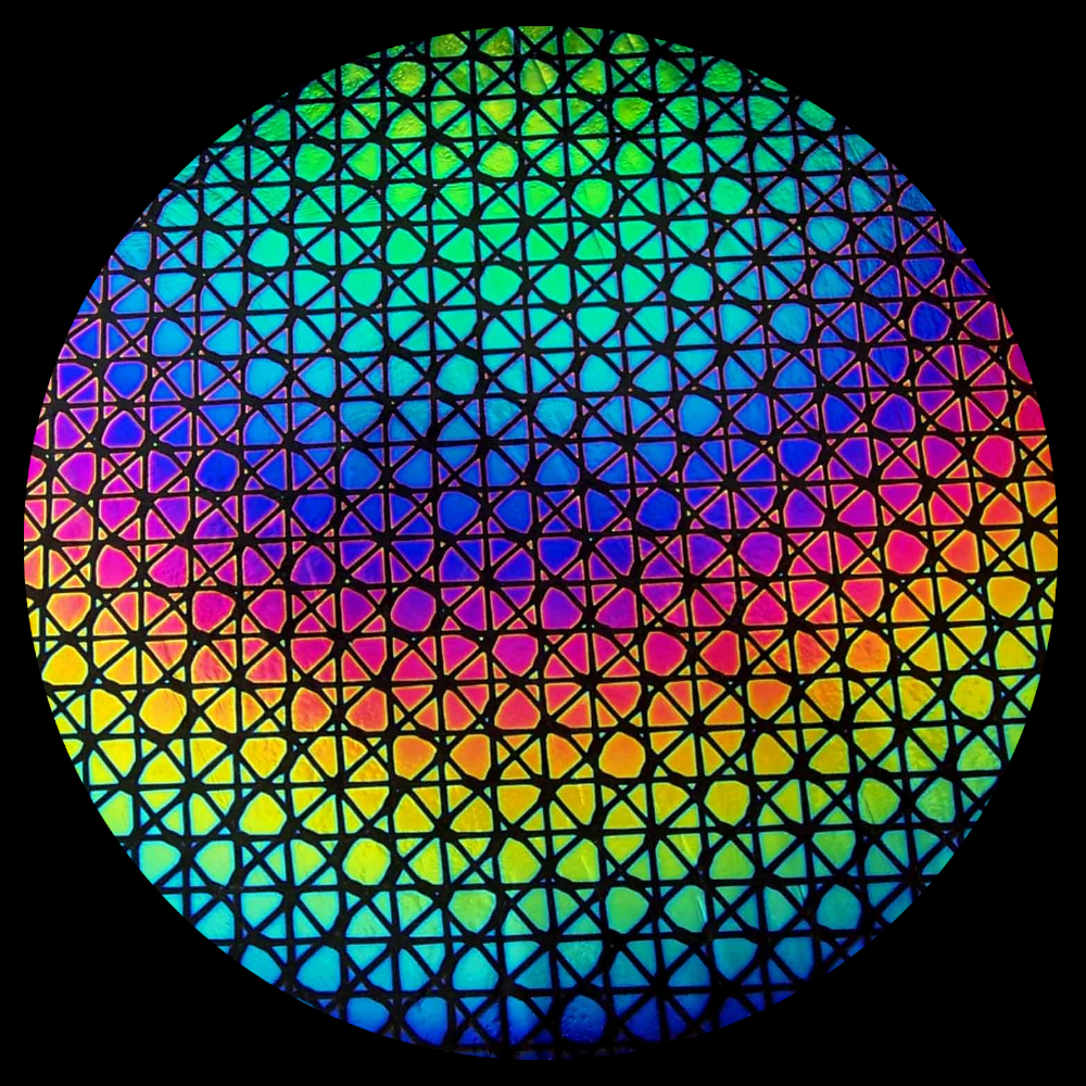 CBS Dichroic Coating Crinklized Rainbow Geodesic Pattern on Thin Black Glass COE90