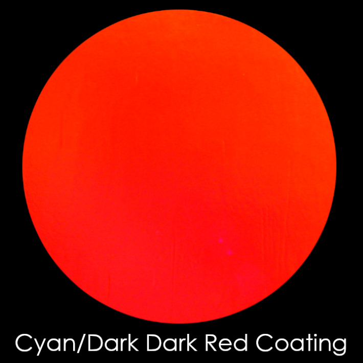 CBS Dichroic Coating Cyan/ Dark Dark Red Aurora Borealis Pattern on Bullseye Yellow, Blue & Red Frit with Blue Streamers Glass COE90