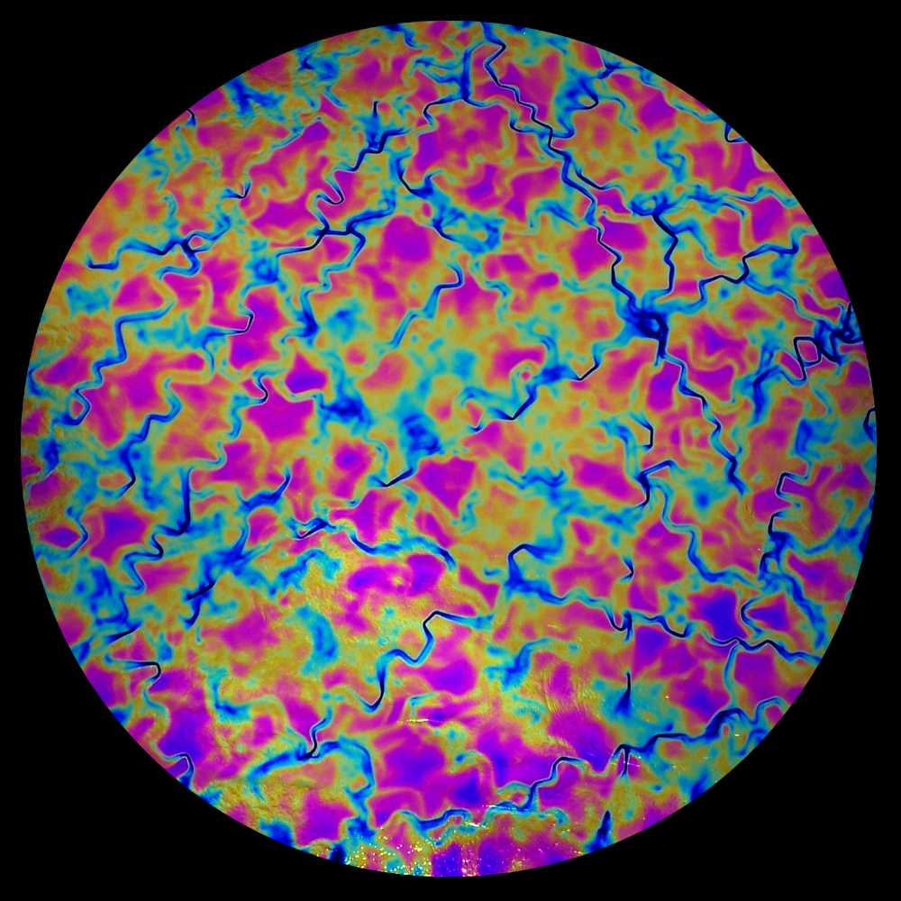 CBS Dichroic Coating Green/ Magenta Blue Fusion Pattern on Thin Black Glass COE90