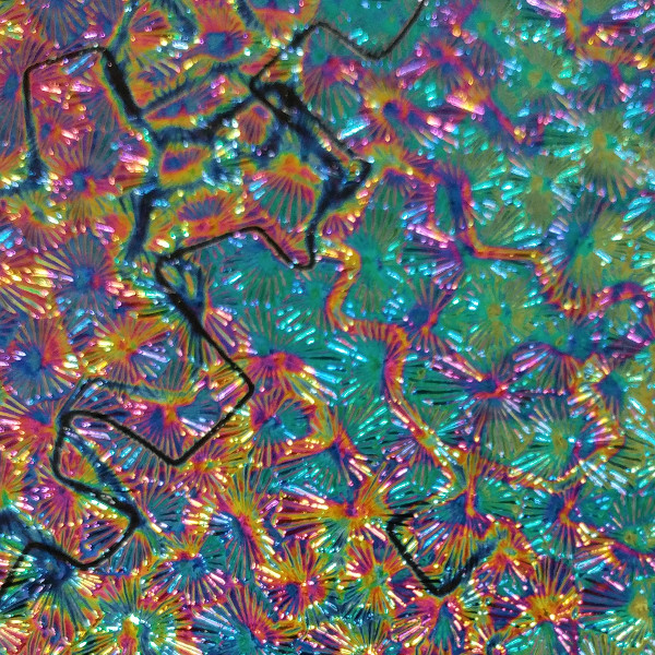 CBS Dichroic Coating Rainbow 2 Fusion Pattern on Wissmach Thin Black Florentine Textured Glass COE90