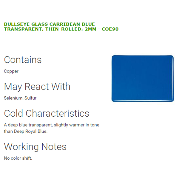 Bullseye Glass Carribean Blue Transparent, Double-rolled, 3mm COE90