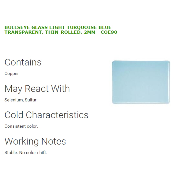 Bullseye Glass Light Turquoise Blue Transparent, Thin-rolled, 2mm COE90