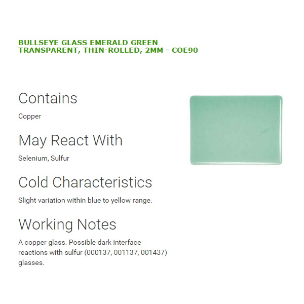 Bullseye Glass Emerald Green Transparent, Thin-rolled, 2mm COE90
