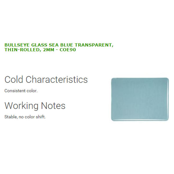 Bullseye Glass Sea Blue Transparent, Double-rolled, 3mm COE90