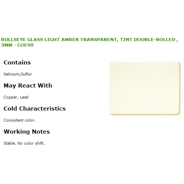 Bullseye Glass Light Amber Transparent, Tint Double-rolled , 3mm COE90