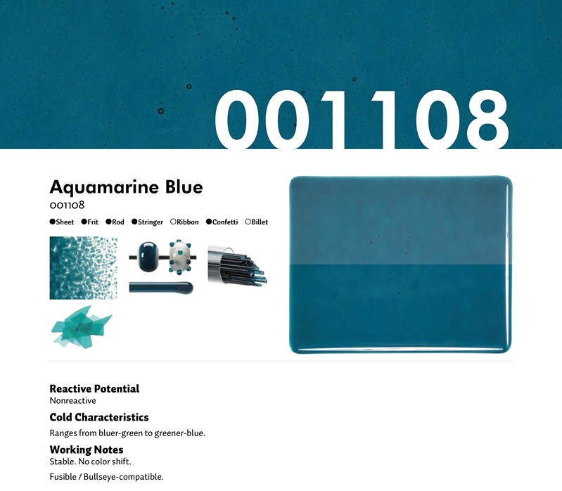 Bullseye Glass Aquamarine Blue Transparent, Double-Rolled, 3mm COE90