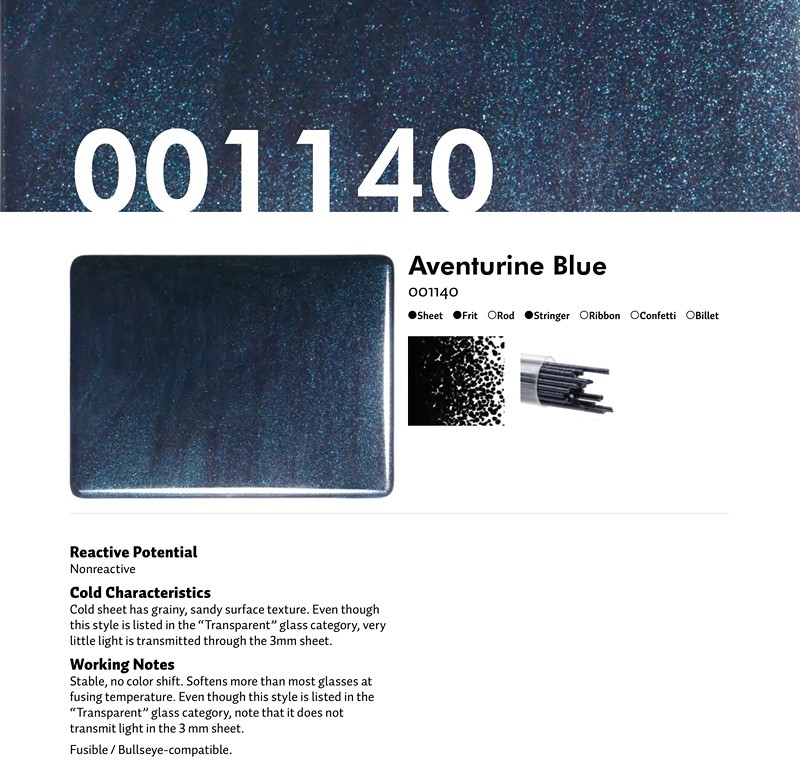 Bullseye Glass Aventurine Blue Transparent, Thin-rolled, 2mm COE90