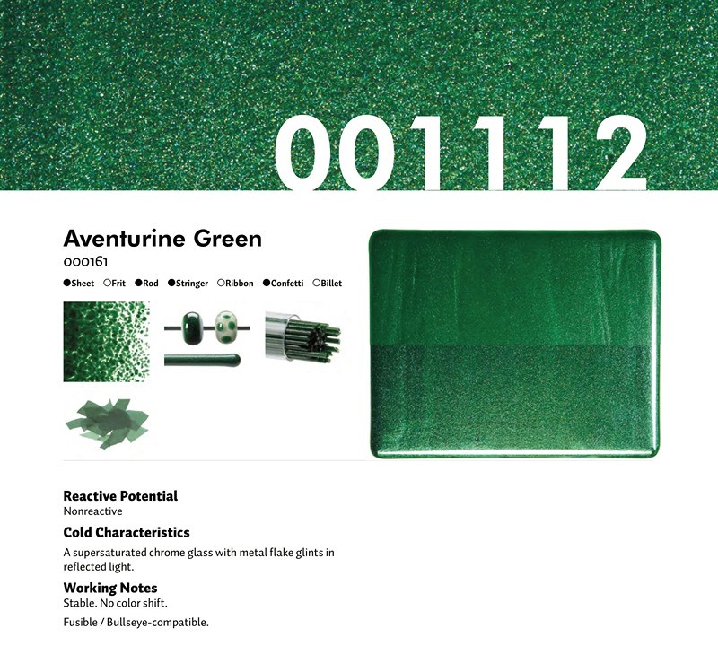 Bullseye Glass Aventurine Green Transparent, Double-rolled, 3mm COE90