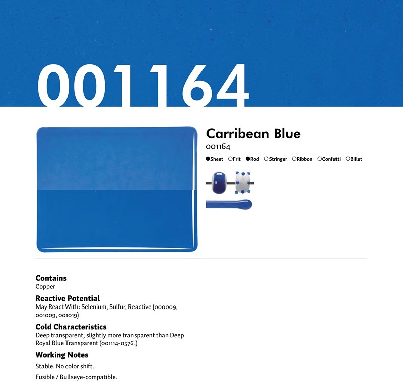 Bullseye Glass Carribean Blue Transparent, Double-rolled, 3mm COE90