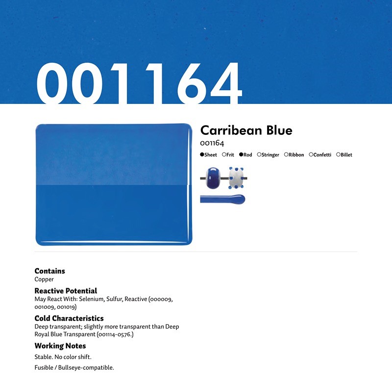 Bullseye Glass Carribean Blue Transparent, Thin-rolled, 2mm COE90