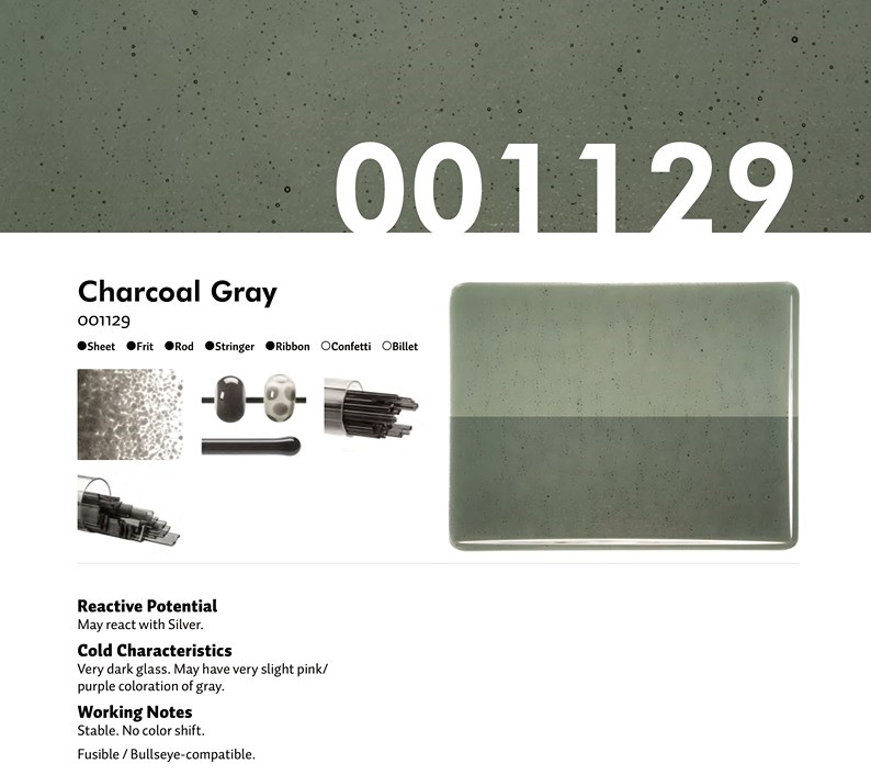 Bullseye Glass Charcoal Gray Transparent, Rainbow Iridescent, Double-rolled, 3mm COE90
