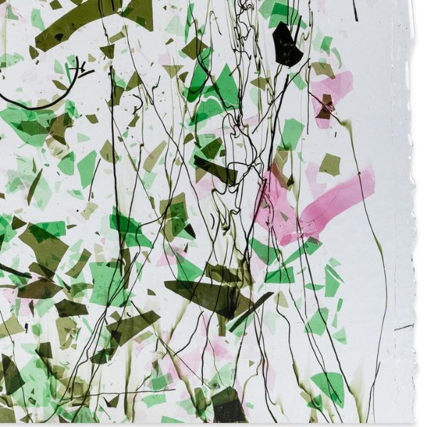 Green & Pink Fracture w/Line Cast Green Streamers on Clear Clear Base  Collage, Single-rolled, 3 mm, Fusible