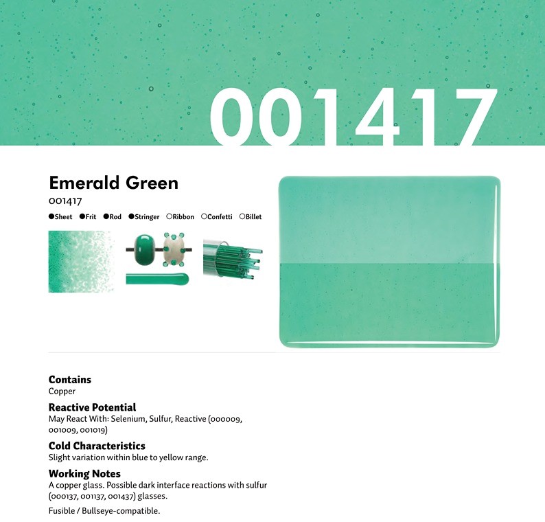 Bullseye Glass Emerald Green Transparent, Double-rolled, 3mm COE90