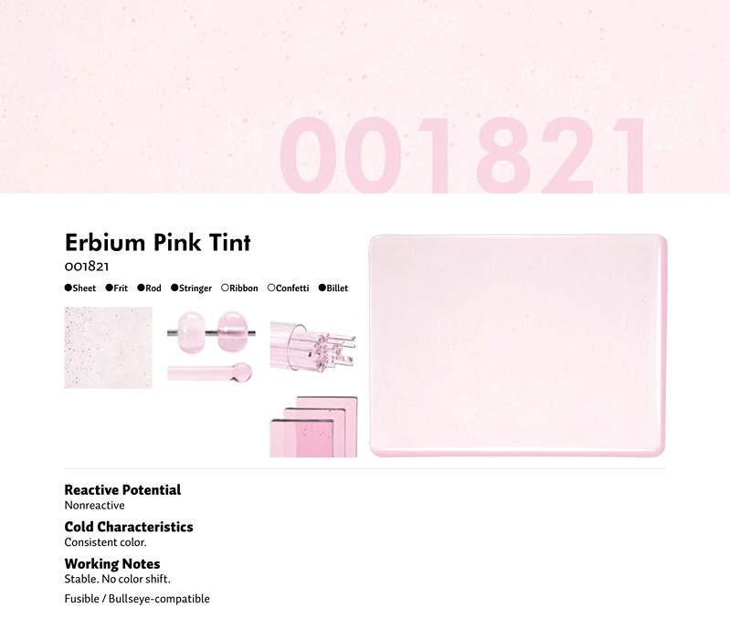 Bullseye Glass Erbium Pink Transparent Tint, Double-rolled, 3mm COE90