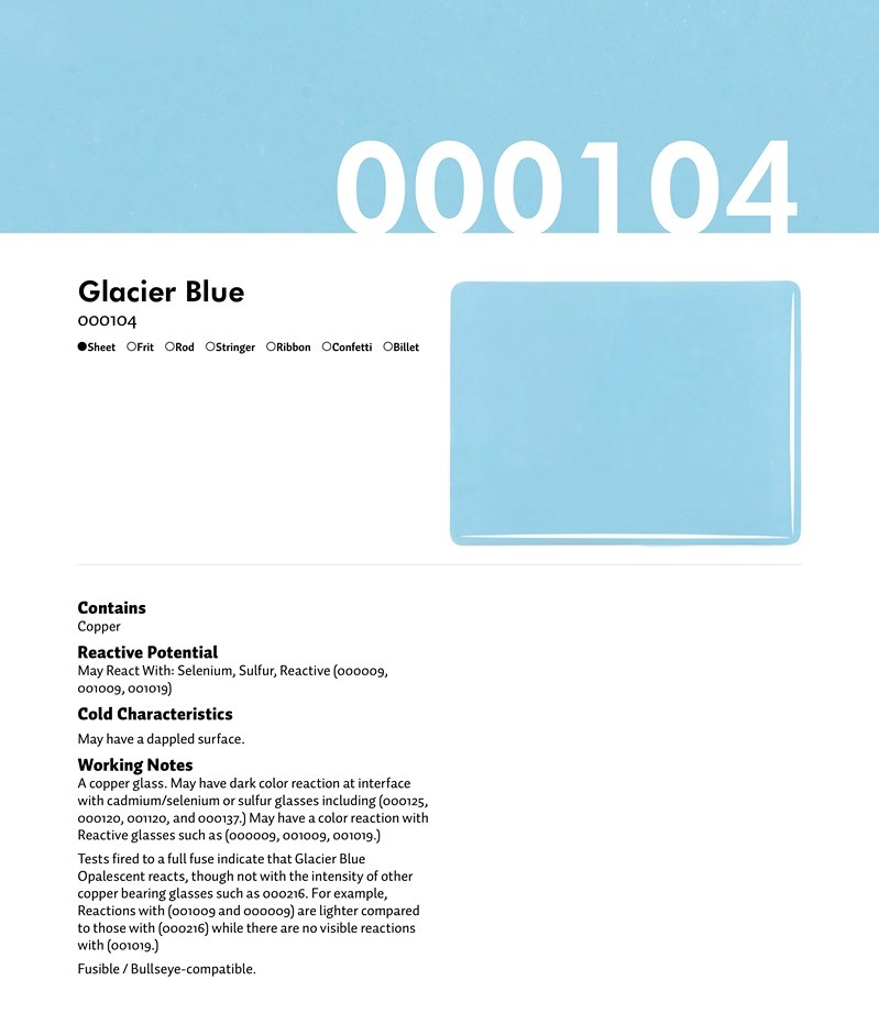 Bullseye Glass Glacier Blue Opalescent, Thin-rolled, 2mm COE90