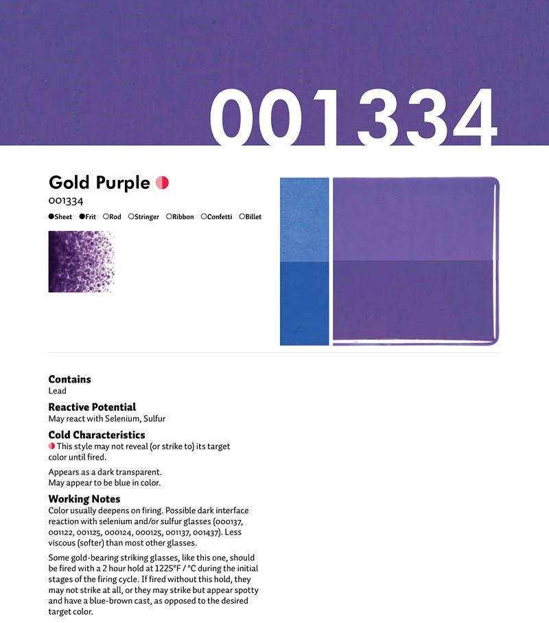 Bullseye Glass Gold Purple Transparent, Thin-rolled, 2mm COE90
