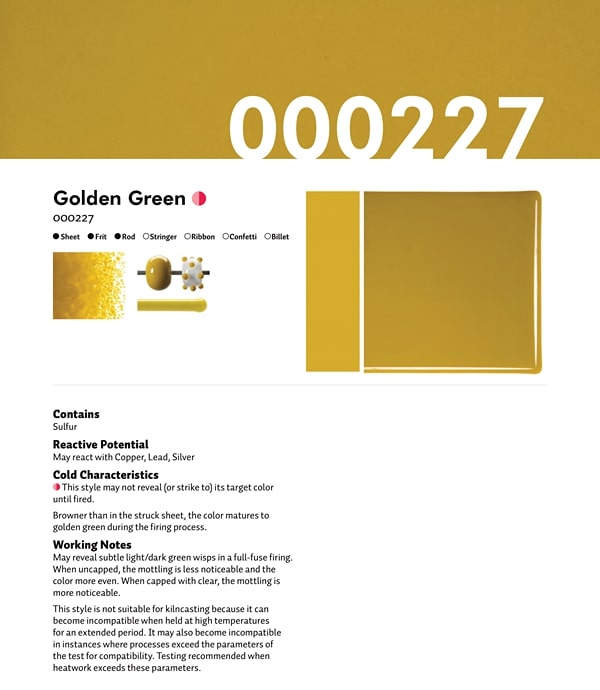 Bullseye Glass Golden Green Opalescent, Double-rolled, 3mm COE90