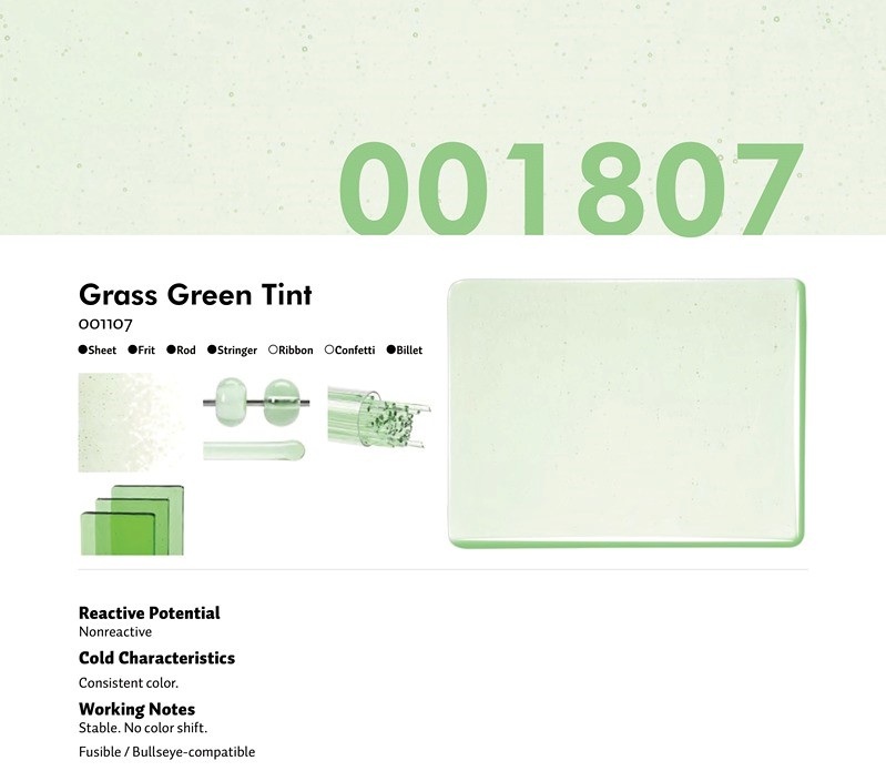Bullseye Glass Grass Green Transparent Tint, Double-rolled, 3mm COE90