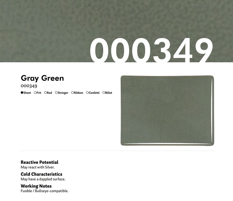 Bullseye Glass Gray Green Opalescent, Thin-rolled, 2mm COE90