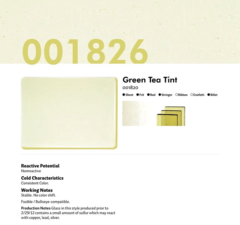 Bullseye Glass Green Tea Transparent Tint, Double-rolled, 3mm COE90