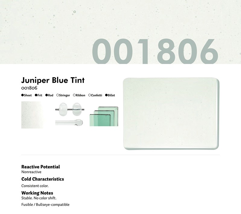 Bullseye Glass Juniper Blue Transparent Tint, Double-rolled, 3mm COE90