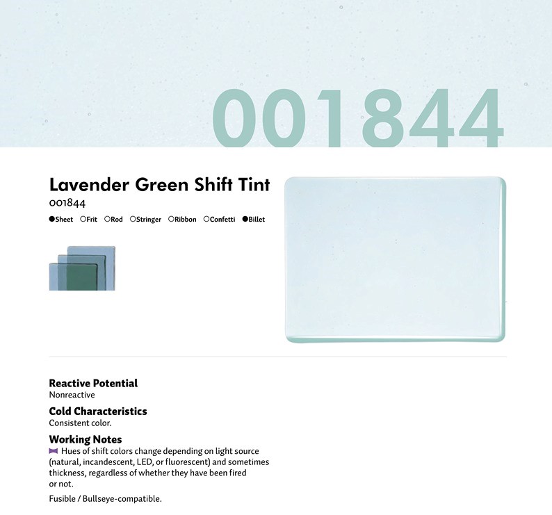 Bullseye Glass Lavender Green Shift Transparent Tint, Double-rolled, 3mm COE90