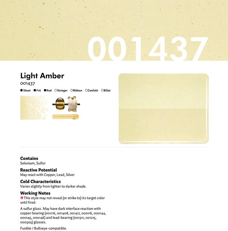 Bullseye Glass Light Amber Transparent, Rainbow Iridescent, Double-rolled, 3mm COE90