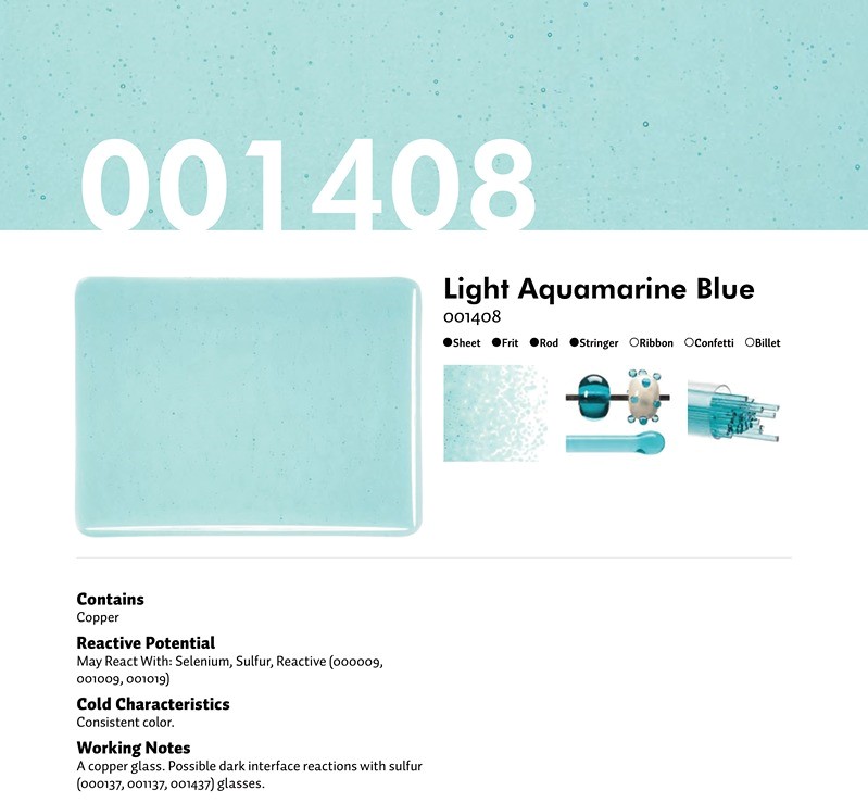 Bullseye Glass Light Aquamarine Blue Transparent, Thin-rolled, 2mm COE90