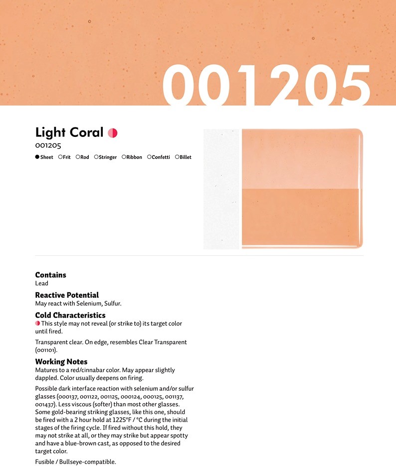 Bullseye Glass Light Coral Transparent, Rainbow Iridescent, Double-rolled, 3mm COE90
