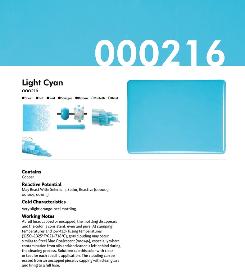 Bullseye Glass Light Cyan Opalescent, Thin-rolled, 2mm COE90