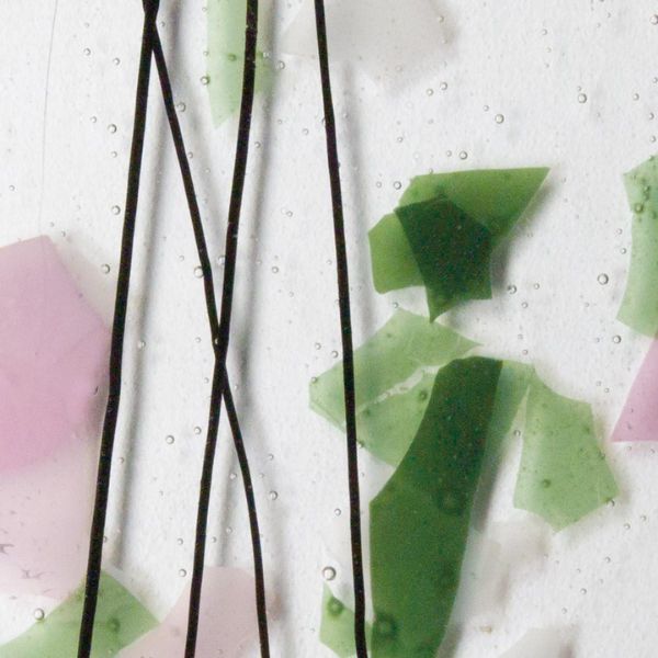 Bullseye Glass Light Pink, Green, and White Fractures Streamers on Clear, Single-rolled, 3mm COE90
