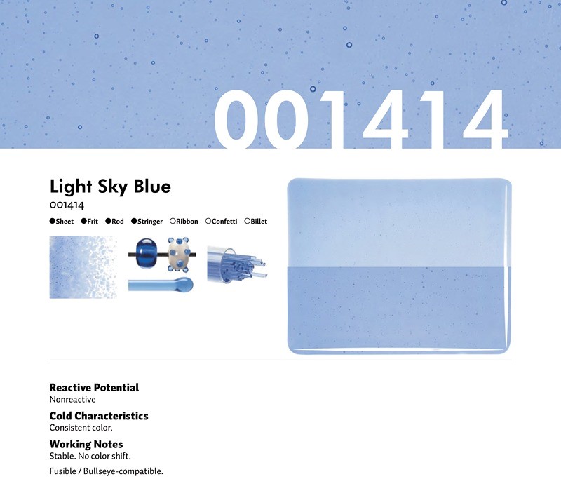 Bullseye Glass Light Sky Blue Transparent, Rainbow Iridescent, Double-rolled, 3mm COE90