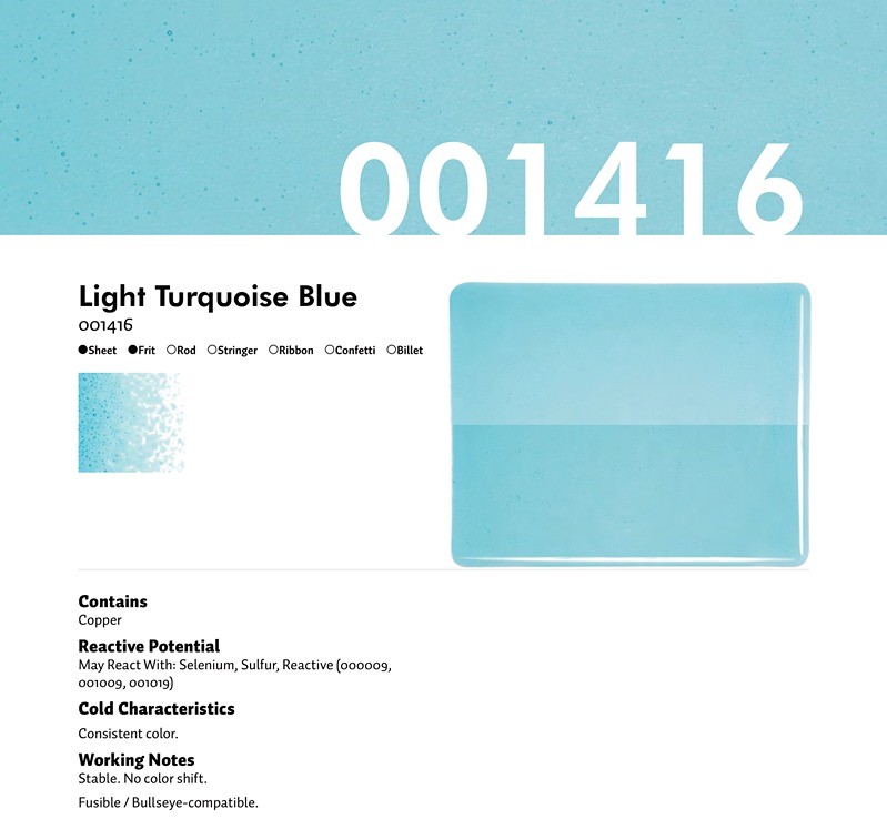 Bullseye Glass Light Turquoise Blue Transparent, Rainbow Iridescent, Double-rolled, 3mm COE90