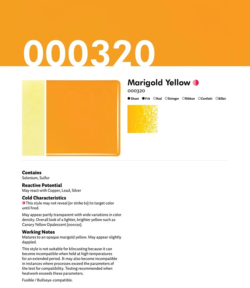 Bullseye Glass Marigold Yellow Opalescent, Thin-rolled, 2mm COE90
