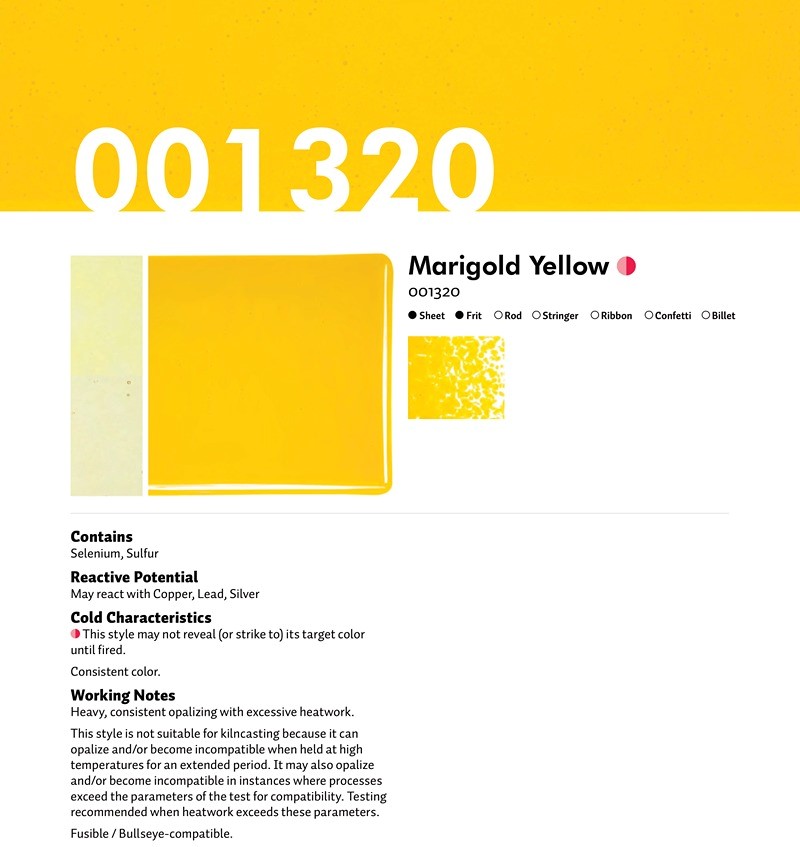 Bullseye Glass Marigold Yellow Transparent, Thin-rolled, 2mm COE90