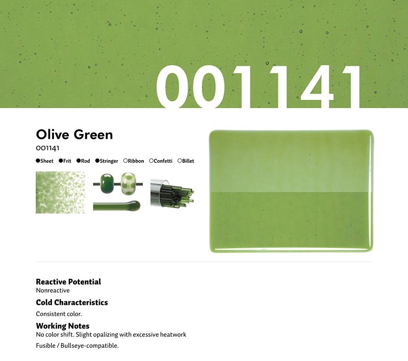 Bullseye Glass Olive Green Transparent, Rainbow Iridescent, Double-rolled, 3mm COE90