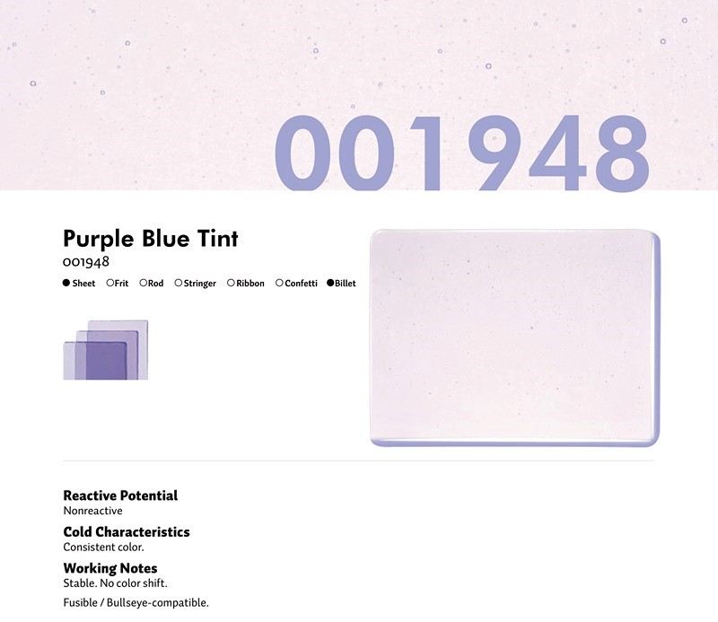 Bullseye Glass Purple Blue Transparent Tint, Double-rolled, 3mm COE90