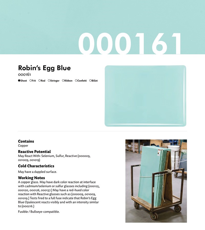 Bullseye Glass Robin's Egg Blue Opalescent, Double-rolled, 3mm COE90