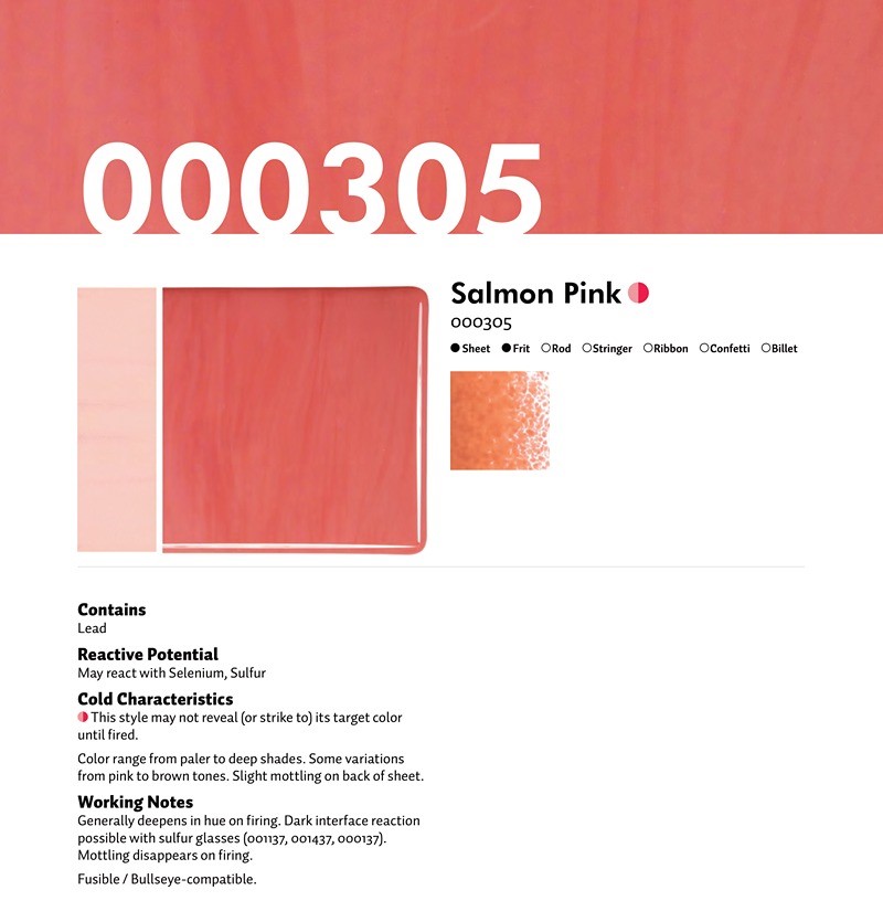 Bullseye Glass Salmon Pink Opalescent, Thin-rolled, 2mm COE90
