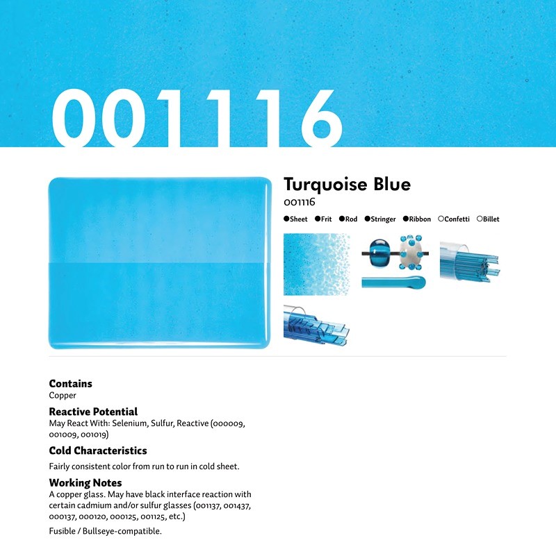 Bullseye Glass Turquoise Blue Transparent, Rainbow Iridescent, Double-rolled, 3mm COE90