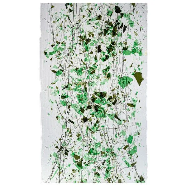 Bullseye Glass Clear With Green Fractures and Line Cast Green Streamers, Single-rolled, 3mm COE90