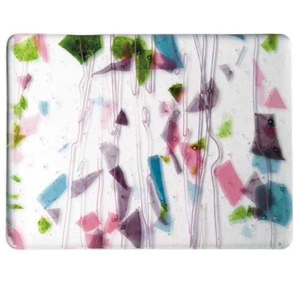 Bullseye Glass Deep Pink, Plum, Spring Green, Aqua with Pink Fracture Streamers on Clear COE90