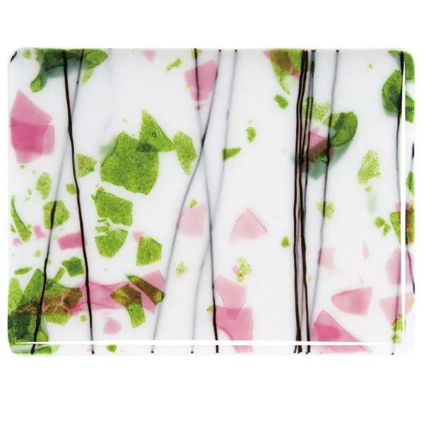 Bullseye Glass Spring Green and Deep Pink Fracture-Streamers on White COE90