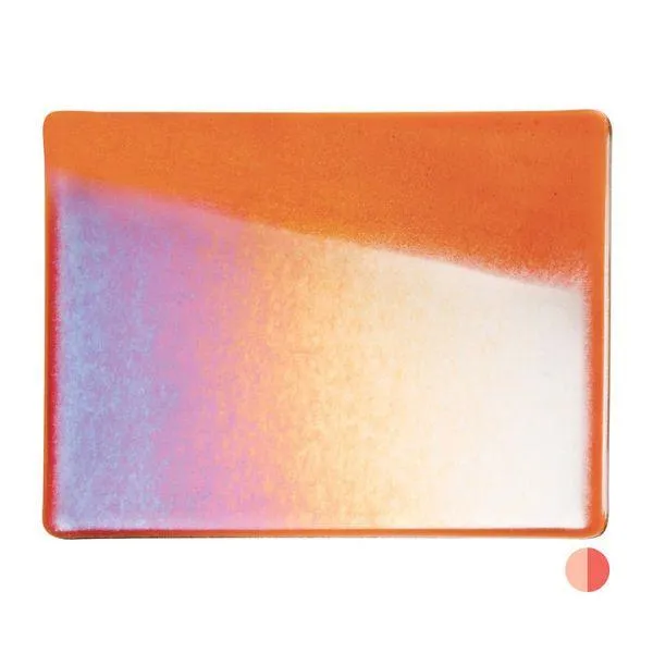 Bullseye Glass Sunset Coral Transparent, Rainbow Iridescent, Double-rolled, 3mm COE90