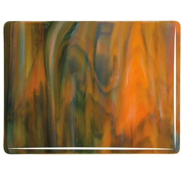 Bullseye Glass White, Orange Opal, Deep Forest Green Streaky, Double-rolled, 3mm COE90