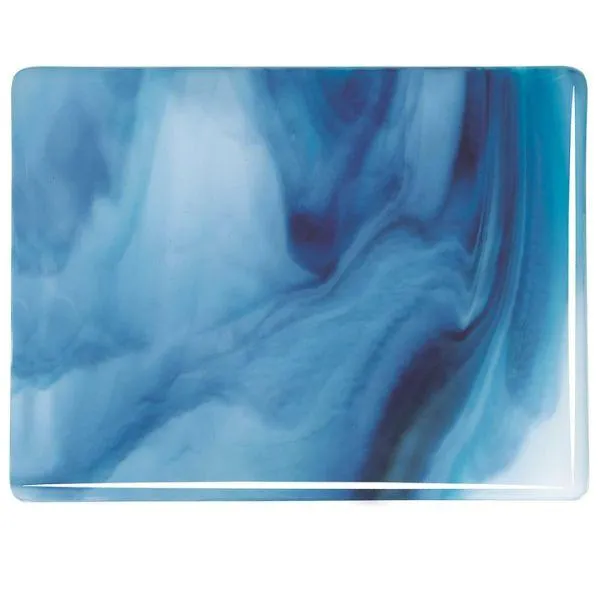Bullseye Glass White, Turquoise Blue, Midnight Blue Streaky, Double-rolled, 3mm COE90