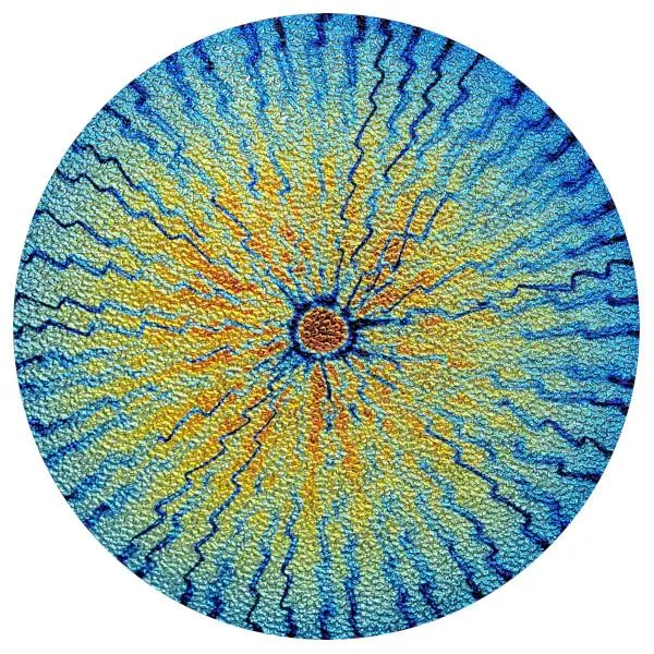 CBS Dichroic Coating Candy Apple Red Target Rainbow Voltage Pattern on Wissmach Thin Black Matrix Textured Glass COE90