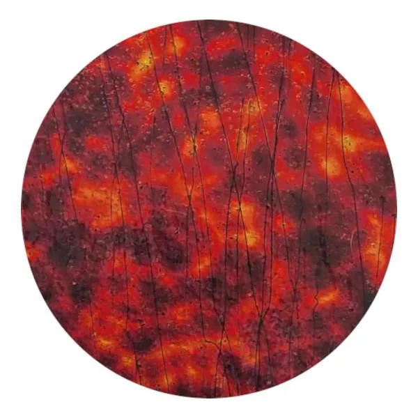 CBS Dichroic Coating Candy Apple Red Aurora Borealis Pattern on Bullseye Yellow, Blue & Red Frit Blue Streamers Glass COE90
